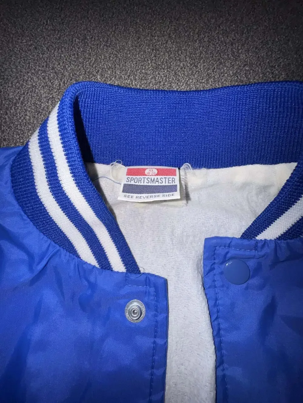 Vintage Sportsmaster Blue Nylon Varsity Bomber Jacket Size XL 18-20 Youth